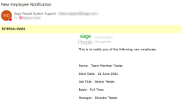 Screenshot: An example action event email with new starter details